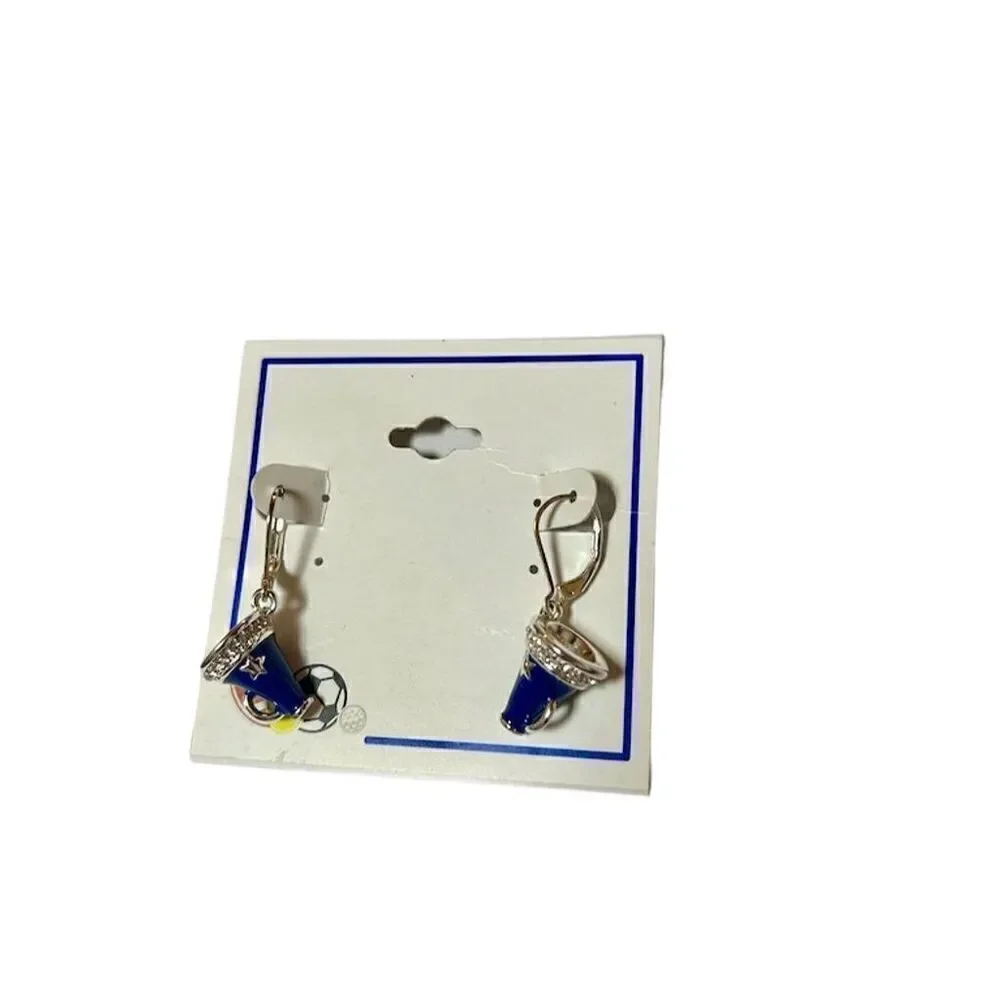 Blue Enamel Crystal Megaphone Cheer Earrings Team Spirit Jewelry